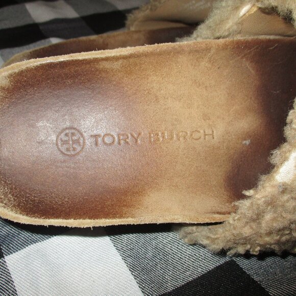 TORY BURCH #86711 Double T Shearling Flatform Cork Slide Sandals Almond Size 8 - Picture 5 of 9